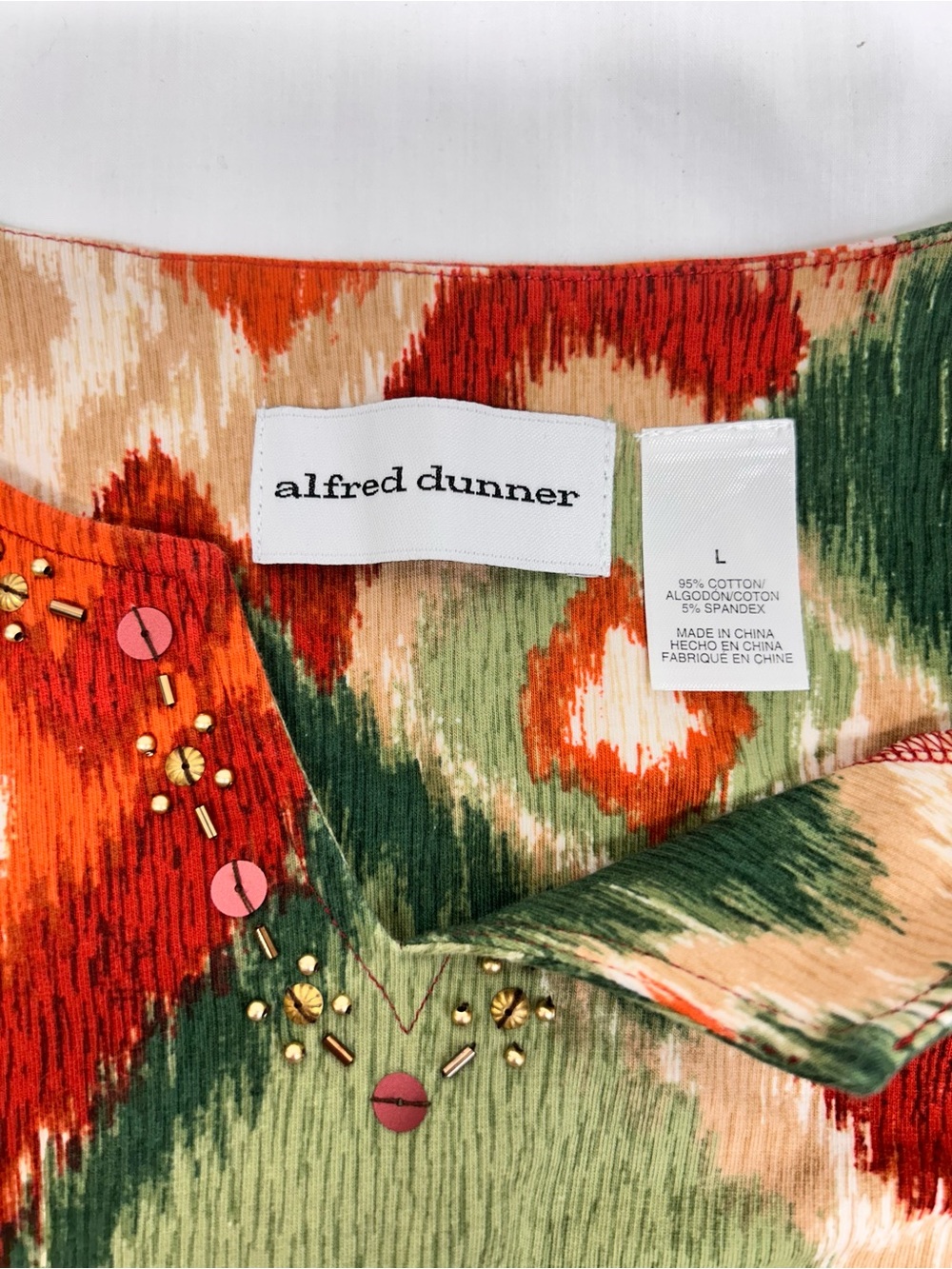 Alfred Dunner Green, Orange & Cream Geometric 3/4 Sleeve Tunic Size Large - Picture 9 of 9